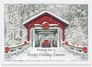 The Gallery Collection, 25 Personalized Christmas Cards with Foil-Lined Envelopes (Holiday Covered Bridge), For Business or Consumer