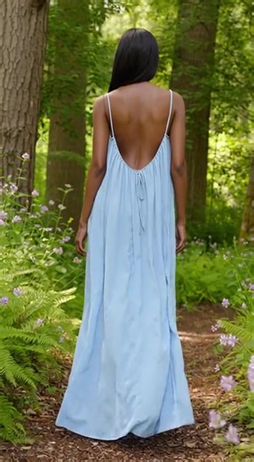 A touch of blue in the green woods—strapless backless dress dances with the forest breeze. #style #fashion #closet #fyp