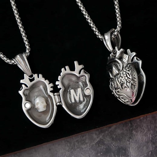 Heart Locket Necklace Custom Initial Necklace Hand-carved Pearl Skull Necklace Stainless Steel Letter Couple Necklace Personalized Gift - Etsy