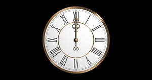 Vintage Victorian clock animation, seamless loop, full 12-hour cycle in 24 seconds, white porcelain background, bronze details, roman numerals, alpha channel, lit slightly from the right