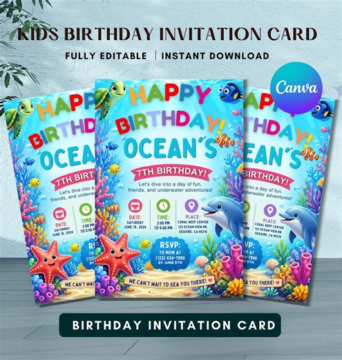 Ocean Birthday Invitation, Canva Editable, Sea & Underwater Party Invite, Printable Birthday Card