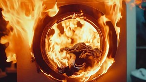 A burning washing machine with a pile of clothes inside of it