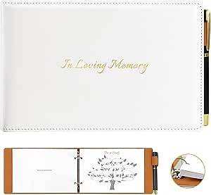 Funeral Guest Book for Memorial Service, White Leather Celebration of Life Guest Book with Pen, 120 Pages Loose-leaf In Loving Memory Funeral Registry Sign in Book for Mourning Honoring Loved Ones