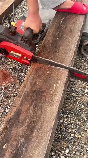 Cutting a thick wooden log using a portable electric chainsaw for professional woodworking project