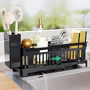 Extra Large Sponge Holder for Kitchen, Extendable Sink Caddy with High Brush Holder, Sink Caddy Organizer Rack for Sponge, Soap, Dish Brush, Scrubber, Kitchen Accessories for Organization