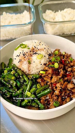 SUPER QUICK HIGH PROTEIN MEAL PREP 🍗🍚 Sesame ground chicken with green beans 💪 #easyrecipe