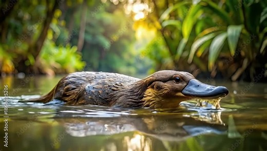 A platypus swims in a river, showcasing its unique features in nature.
