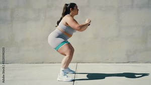 Plus size woman does resistance band squats outdoors in sunlight, showing active lifestyle and fitness motivation