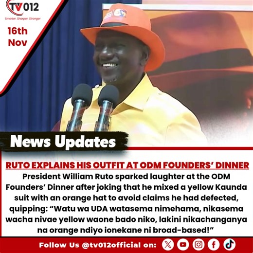 Ruto Jokes About His Outfit at ODM Founders’ Dinner President William Ruto sparked laughter at the ODM Founders’ Dinner after joking that he mixed a yellow Kaunda suit with an orange hat to avoid claims he had defected, quipping: “Watu wa UDA watasema nimehama, nikasema wacha nivae yellow waone bado niko, lakini nikachanganya na orange ndiyo ionekane ni broad-based!” His playful remark lit up the room during the rare cross-party gathering. #Ruto #ODM20 #FoundersDinner #KenyaPolitics #BroadBasedG