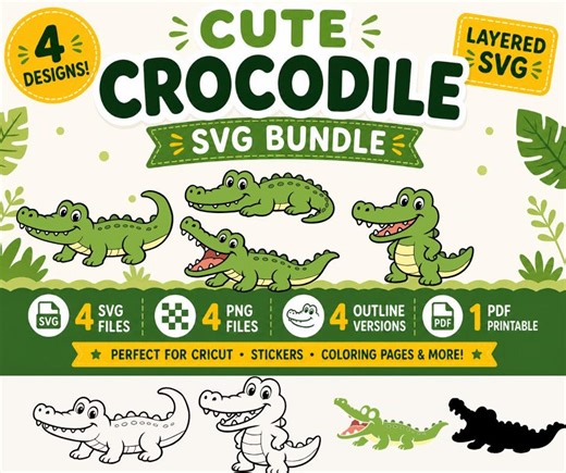 Crocodile SVG Bundle, Cute Alligator Clipart, Crocodile Coloring Pages, Kawaii Reptile PNG, Layered Animal SVG, Cricut Cut File Set - Etsy