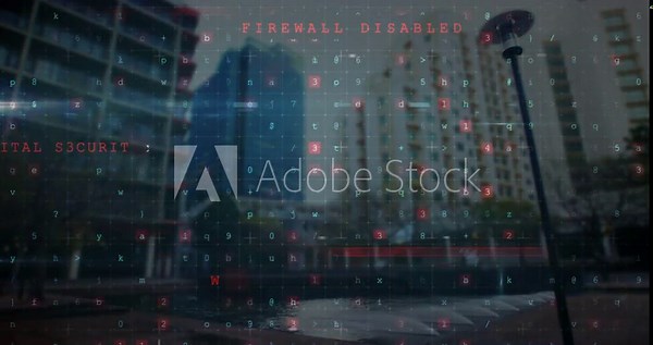 Alphanumeric code grid being projected over waterfront, showing red malware alerts and boats