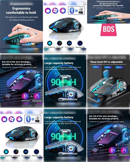 Rechargeable Wireless Mouse 2.4GHz USB Bluetooth Backlight Mouse Ergonomic Silent Office Mice for...