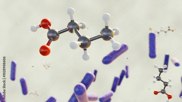 3d animation of butyric acid molecules and bacterium cells, it is a valuable metabolite produced by gut bacteria that contributes to intestinal health and overall well-being.