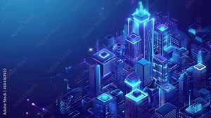 Smart city and communication network concept. Futuristic smart city isometric background with digital hologram of building. Futuristic urban technology. Technology Background. Smartcity buildings. IOT