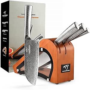 Damascus Steel Knife Set With Block - 3-Piece Kitchen Set Includes Chef, Santoku, Paring Knife - Stain & Rust Resistant