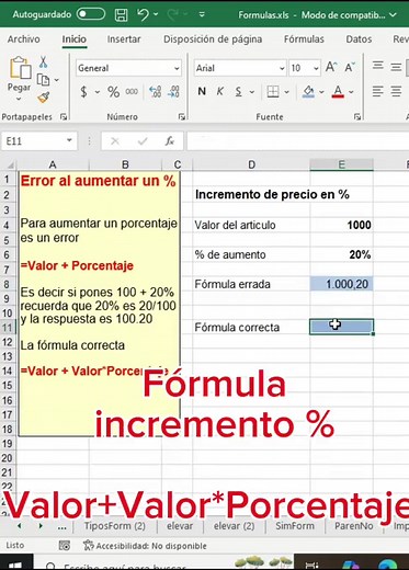 Fórmulas de Excel para Incrementar un Valor en %