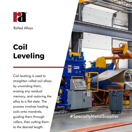 #ProcessingTuesday Coil leveling is the process of unspooling rolled coil alloys, breaking the memory and resetting the #alloy to be flat. Coils are loaded into the mandrels, pass through a series of rollers, and are then sheared to length. Learn more about our #coilleveling tolerance & capabilities, https://www.rolledalloys.com/processing/ #RolledAlloys | Rolled Alloys