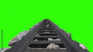 Seamless looping 3d animated train tracks on green screen in 4k resolution frontal view