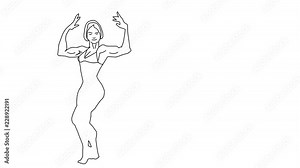 Animated sketch vector self drawing doodle female bodybuilder posing flexing competition drawn in black changes to color illustration