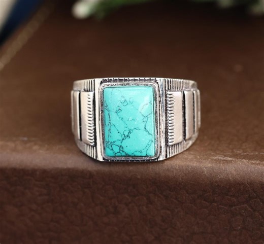 Men’s Turquoise Signet Ring – Vintage Silver Turquoise Stone Ring, Blue Turquoise Statement Ring, Handmade Boho Jewelry Gift for Him - Etsy