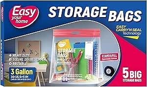 3 Gallon Zipper Lock Plastic Bags with Handle and Bottom,16"x18"x5'',Extra Large Size Reusable Storage Bag with Double Zip for Clothing,Travel,Moving,Beach,BPA-Free,3-Mil Thick