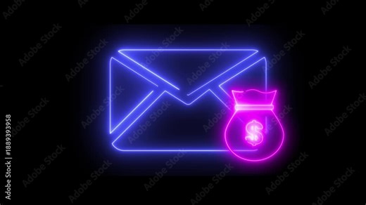 Neon light effect animation of a mail envelope icon with a money sign