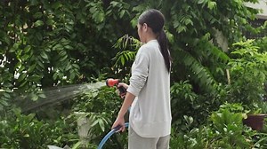 Back view of young Asian woman with sprinkler refreshing green foliage of trees and other plants growing in the garden by her house in the morning