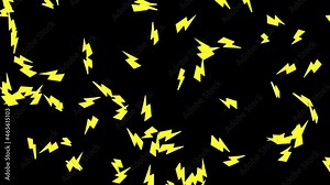 Many lightning bolt icon floating in air on black background. Abstract yellow thunder background. Symbol of digital energy. 3D loop animation.