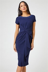 Navy Embellished Twist Waist Stretch Dress - Roman UK