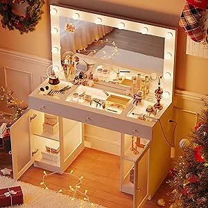 IFSEB Vanity Desk with Large Mirror and Lights, Glass Top Makeup Vanity with Lights & Power Outlet for Bedroom, 3 Color Lighting Modes, White Dressing Table for Women