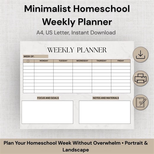 Minimalist Homeschool Weekly Planner Printable | Lesson Planning PDF | Homeschool Organisation - Etsy