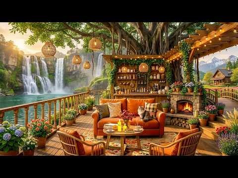 🌺Elegant Morning Jazz Instrumental at Spring Coffee Porch Ambience & Gentle Water Sounds for Relax