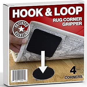 Hook and Loop Square Rug Corner Grippers - Easy to Install Grippers - Anti Curling Adhesive - 4 Corners Slip Proof Rug Grip Tape for Hardwood Floors, Carpet, Tiles, Hallways and Runners - Patented