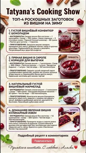 🍒ВИШНЯ НА ЗИМУ ТОП-4 РЕЦЕПТА: густой Конфитюр с шоколадом, Пряная в сиропе, Мармелад, Вяленая вишня🍒