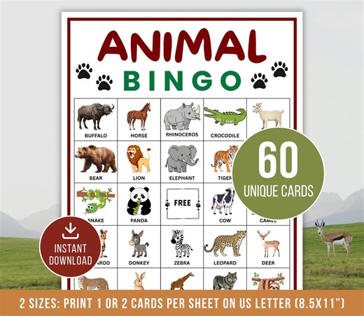 Animal Bingo, 60 Printable Animal Bingo Cards, Animal Birthday Bingo, Kids Animal Party Game, Classroom Activities, Zoo Bingo Boards - Etsy
