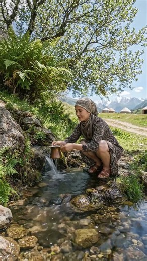 A beautiful girl drinking pure spring water in nature ✨💧