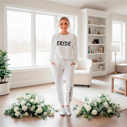 Personalized Bride Sweat Set, Bride Sweatsuit, White Bridal Jogger Set With Custom Last Name, Gift for Wedding Morning Outfit - Etsy