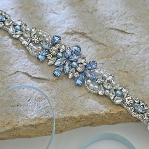 Light Blue Rhinestone & Pearl Belt Classic Church Wedding Sash, Bridella Handmade - Etsy