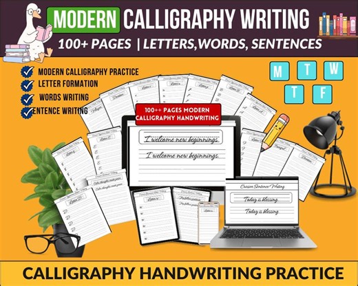 100  Pages Modern Calligraphy Handwriting Worksheets,brush Lettering Practice PDF ,cursive Calligraphy Workbook,handwriting Practice Sheets - Etsy