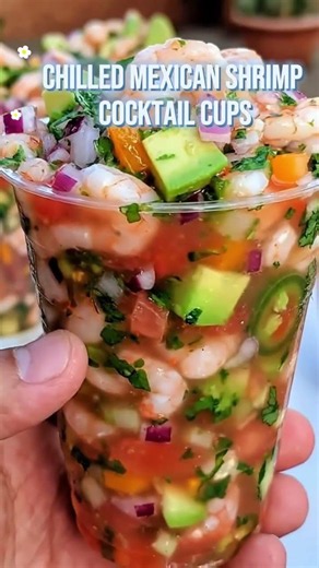 Chilled Mexican Shrimp Cocktail Cups 🍤🍋This cool shrimp cocktail is bright with lime, tomato,
