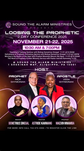 15 shares |  We’re just 11 days away from the Loosing the Prophetic Conference!  You do not want to miss what God is about to do!  November 21–23 | Sound the Alarm Ministries ️ Secure your seat today — click the link https://brushfire.com/soundthealarmministries/loosingthepropheticconference/616175 #LoosingTheProphetic #PropheticConference #BeInTheRoom #SoundTheAlarmMinistries #PropheticActivation #bishopsinegal | Sound the Alarm Ministries, Inc. Aliquippa | Facebook