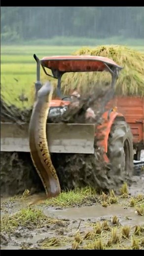 Wow a big snake vs a farmer beautiful woman drives a tractor in rice field 😱 strong woman #views