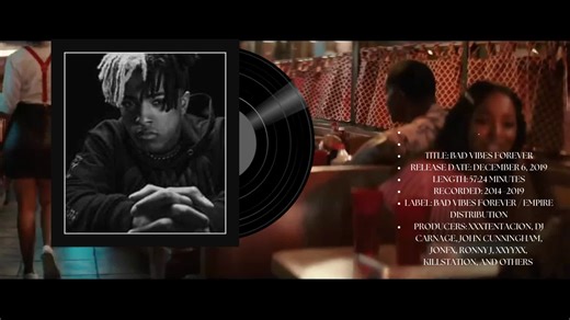 BAD VIBES FOREVER-XXXTENTACION’s Bad Vibes Forever is his fourth and final studio album, released on December 6, 2019, through Bad Vibes Forever and Empire Distribution. It features a wide range of collaborations with artists like Lil Wayne, Rick Ross, Noah Cyrus, PnB Rock, Trippie Redd, and Mavado, blending hip-hop, emo rap, R&B, and dancehall influences.