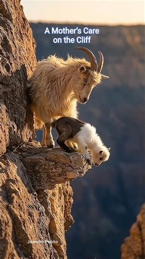 Mother Mountain Goat Gently Cares for Her Baby on a Rocky Cliff #MountainGoat #Wildlife #Nature
