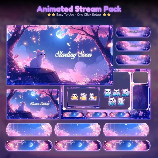 Sakura Dream Cat Overlay Animated Stream Package: Twitch, Youtube, Kick | Cat Overlays - Etsy UK