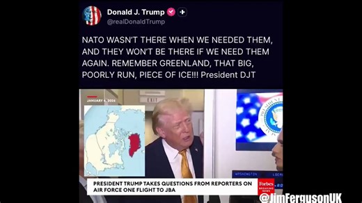 🚨 TRUMP BLASTS NATO — EYES ON GREENLAND“NATO wasn’t there when we needed them.”Now the focus shifts:Greenland is strategic.Trump says the U.S. needs it for national security—citing Russian and Chinese presence.This is bigger than politics.