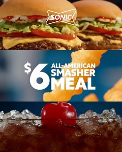 Good things always come in 3s ;) like our new $6 All-American Smasher Meal. Includes our new All-American SONIC SmasherTM, your choice of fries or tots, and a drink for just $6. SO good, for a limited time. | Sonic Drive-In