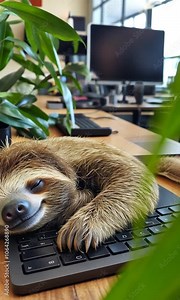 A cute sloth sleeps peacefully on a keyboard in a modern office setting, with a plant in the foreground.