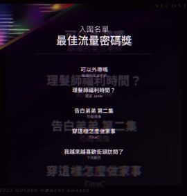 金刻獎 GOLDEN MOMENT AWARDS on Instagram: "最佳流量密碼獎 入圍的有： /崩壞的英文老師 Nina Hsieh(326n.h)-可以外帶嗎 /泥泥Janie🇹🇼🇯🇵ˣ🇲🇾-理髮師福利時間？ /恐龍偶像-告白弟弟 第二集 /TinaC-穿這樣怎麼做家事🙂 /下流歐巴-我越來越喜歡街頭訪問了 更多詳情請至官網查詢：https://gma-tw.com/ #金刻獎 #再看一眼金刻獎 #金刻獎takeasecondlook #入圍創作者"