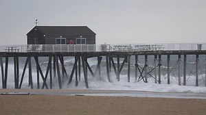 Last set of pilings are giving way on the Belmar Fishing Club pier. The pier itself seems ok, but the last set of pilings are not doing well this morning. | Belmar Beach NJ